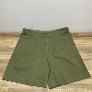 AYR Women Olive Green Pleated Cotton Chino Shorts High Rise Size 10 Relaxed Fit